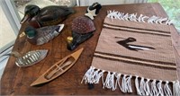 Box of duck related - decoys, wall hook, table