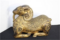 14½"L Carved Wood Golden Ram Statue With Glass