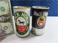 (2) BLACK HORSE Steel Flat Top Beer Cans different