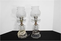 Pair 15" Vintage Glass Hurricane Style Lamps