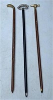 3 canes with metal handles - 2 with inlay