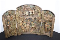 Asian Carved Wooden Triptych 20 x 13" Opened