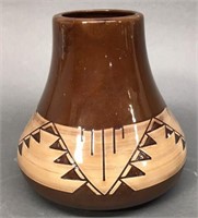 7" Sioux Pottery Glazed Brown Vase w/ Lakota