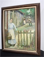 Lady with Eggs Signed V. Spivey 25" x 20" Framed