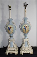 Pr French Blue & White Lamps 29" Tall
