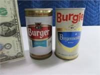 (2) BURGIE & BURGER Steel Flat Top Beer Cans