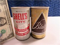 (2) BLATZ & SHELL'S CITY Steel Flat Top Beer Cans