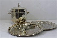 Vintage Silver Plate Ice Bucket, Tongs, Trays