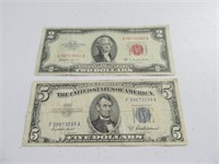(2) 1953 $5 Blue & $2 Red Label Currency Bills