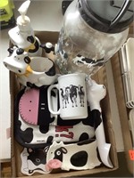 Cow lot, pot holders, mugs, ice cream scoop,