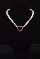 14k White Gold Pink Ice & Pearl Heart Necklace