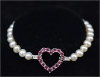 14k White Gold Pink Ice & Pearl Heart Bracelet