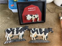 Wooden cow picture and 2 cast iron cow book ends
