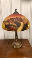 Antique lamp reverse painted shade ornate metal