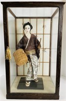 Vintage Geisha Doll in Glass Display Case