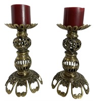 Pair of Ornate Brass Pillar Candlesticks