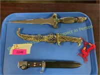 2 knives with decorative sheaths, 1 hunting knife