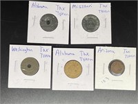 Lot of (5) vintage State Tax Tokens"