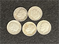 Lot of (5) silver Roosevelt dimes