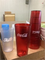 5 restaurant Cola glasses and misc. plastic cups
