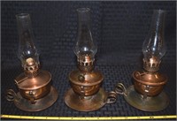 3 Vintage copper wall hanging/table oil lamps