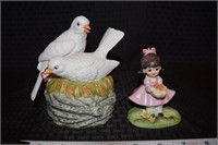 Lefton porcelain girl & Flambro doves music box