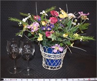 Floral decor w/ metal wire basket & 2 wine glasses