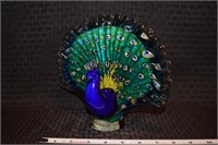 Heavy art glass Peacock figure paperweight