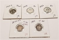 1877-CC Dime G/AG; 1901 Dime VF-XF; 1943, ’56,