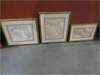 3 FRAMED MAPS FLORIDA & WEST INDIES VARIOUS SIZES