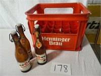 Henninger Beer Plastic Crate & 3 Bottles