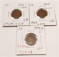 1909-S Lincoln Cent F; (2) 1909-VDB Cents