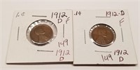 (2) 1912-D Cents F