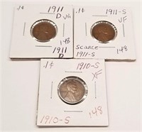 1910-S Cent XF; 1911-D,S Cents VG-VF