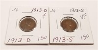 1913-D,S Cents F-VF
