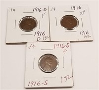 1916-P,D,S Cents F-XF