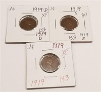 1919-P,D,S Cents XF-AU