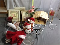 Light up barn, plush snowman, mother Mary