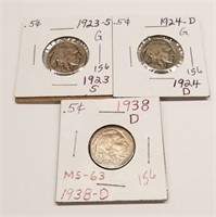 1923-S, ’24-S Nickels G; 1938-D Buffalo Nickel BU