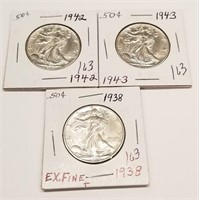 1938, ’42, ’43 Half Dollars XF-AU (Cleaned)