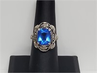 .925 Sterl Silv Vintage Filigree Sapphire Ring