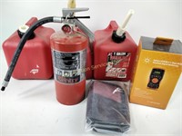 2 gallon gasoline container, fire extinguisher,