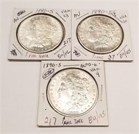 (3) 1890-S Silver Dollars AU