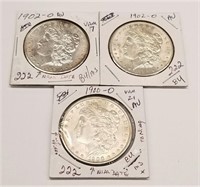 1900-O, (2) ’02-O Silver Dollars AU