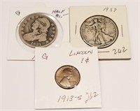 1831 Half Dollar AG; ’13-S Cent (Cleaned); 1937