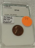 1969-S LINCOLN CENT GRADED EF-45