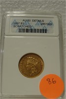 1857 3$ GOLD COIN GRADED AU50