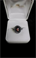 sterling black / peach stone ring  w/ marcasites