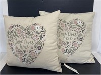 Love Lives Here embroidered linen throw pillows