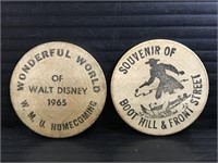 Two vintage souvenir wooden nickels
